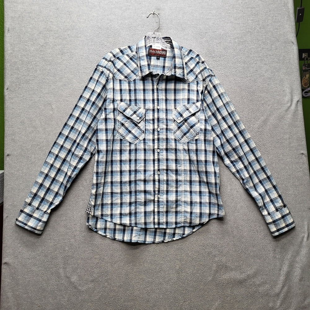 Rock & Roll Cowboy Men Button Up Shirt XL Blue Plaid Western‎ Pearl Snap Y2K